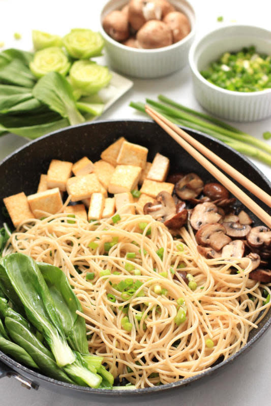 <p>Dish by Dish</p><p>This is Asian comfort food: brown rice noodles with bok choy, sautéed mushrooms and pan-fried tofu, tossed with a glug of soy sauce and a shake of salt.</p><p><strong>Get the recipe: <a href="https://www.dishbydish.net/brown-rice-noodles-with-bok-choy-mushrooms-tofu/" rel="nofollow noopener" target="_blank" data-ylk="slk:Brown Rice Noodles with Bok Choy, Mushrooms and Tofu;elm:context_link;itc:0;sec:content-canvas" class="link "><em>Brown Rice Noodles with Bok Choy, Mushrooms and Tofu</em></a></strong></p>