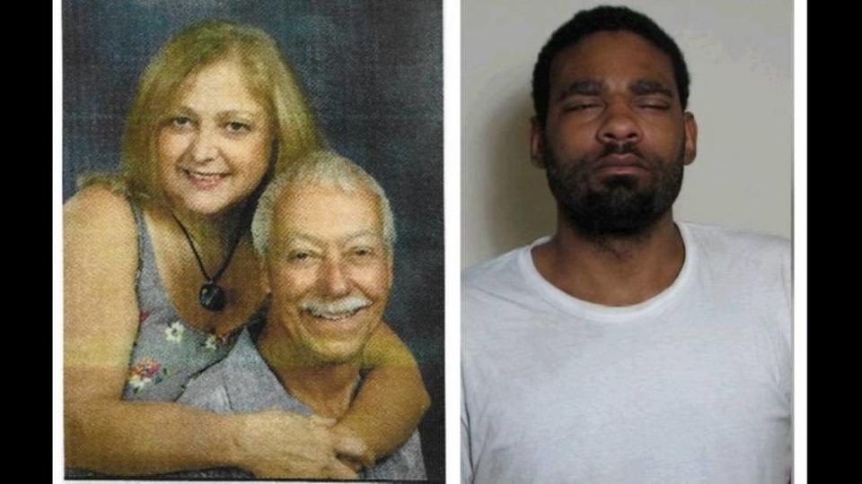 Zachary Capers, shown in his police mugshot at right, was arrested for allegedly stabbing to death chiropractor Lois Ladd and her husband, Michael, a contractor, in their Edwardsville home on March 17, 2019. Provided