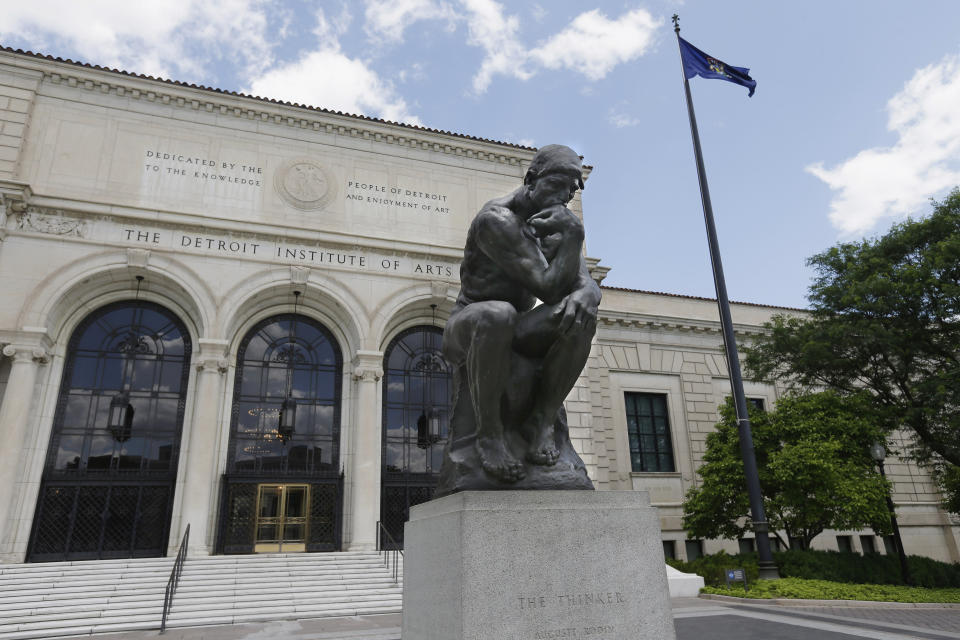 FILE - In a June 13, 2013 file photo, The Thinker, by Rodin, is displayed outside the Detroit Institute of Arts in Detroit. As part of the city’s Chapter 9 bankruptcy filing, city emergency manager Kevyn Orr said Monday, Aug. 5, 2013, that he has asked the Christie’s auction house to appraise the museum’s collection, raising the possibility it could be put up for sale. (AP Photo/Carlos Osorio, File)