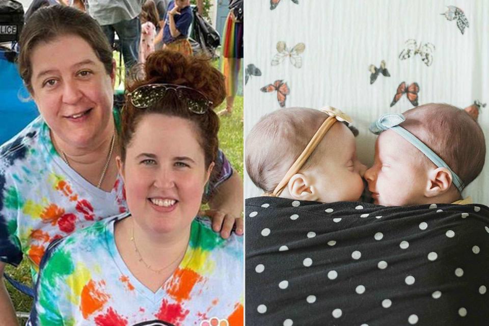 <p>courtesy the weinstein family,  faryl loew photography</p> Rabbi Jenn Weinstein with wife Andrea Termotto; newborn twins Hazel and Goldie