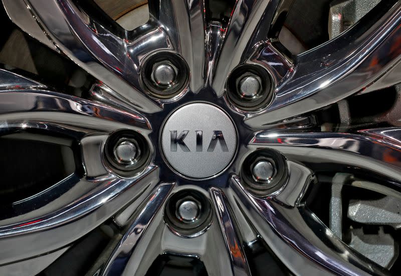 FILE PHOTO: The logo of Kia Motors is seen on a wheel at the India Auto Expo 2020