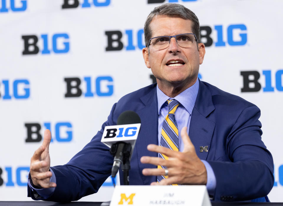 INDIANAPOLIS, IN - JULY 22: Jim Harbaugh, head coach of the Michigan Wolverines speaks during the Big Ten Football Media Days at Lucas Oil Stadium on July 22, 2021 in Indianapolis, Indiana. (Photo by Michael Hickey/Getty Images)