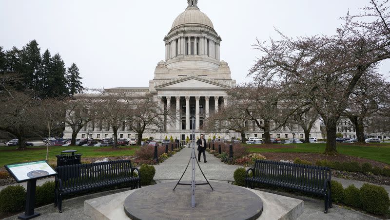 The sun dial stands in front of the Legislative Building on March 10, 2022, at the state Capitol in Olympia, Wash.