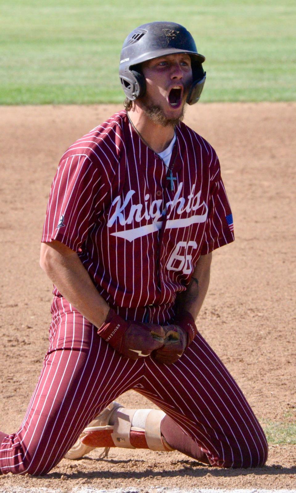 Riverside Prep's Cayden Johnson celebrates after reaching third base for a triple during the second round of the CIF-Southern Section Division 5 playoffs on Tuesday, May 7, 2024.
