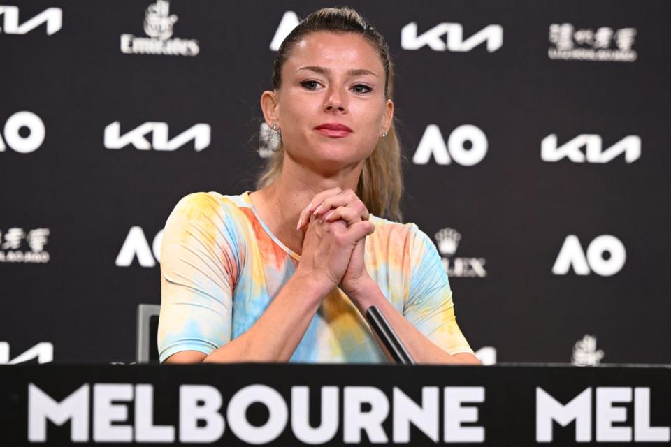 Camila Giorgi answered questions about her vaccination status in a press conference at Melbourne Park (Vince Caligiuri/Tennis Australia/AP) (AP)
