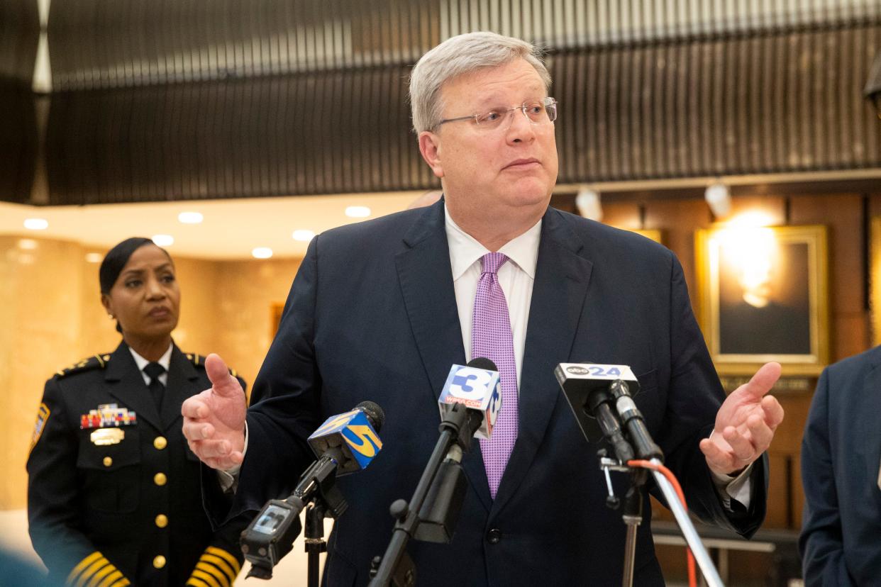 Mayor Jim Strickland speaks while Memphis Police Department Chief of Police Cerelyn “C.J.” Davis stands behind him during a press conference at Memphis City Hall after a meeting between Ronald Davis, director of the U.S. Marshals Service, Memphis city officials and community leaders about combatting crime in the city on Tuesday, July 11, 2023.
