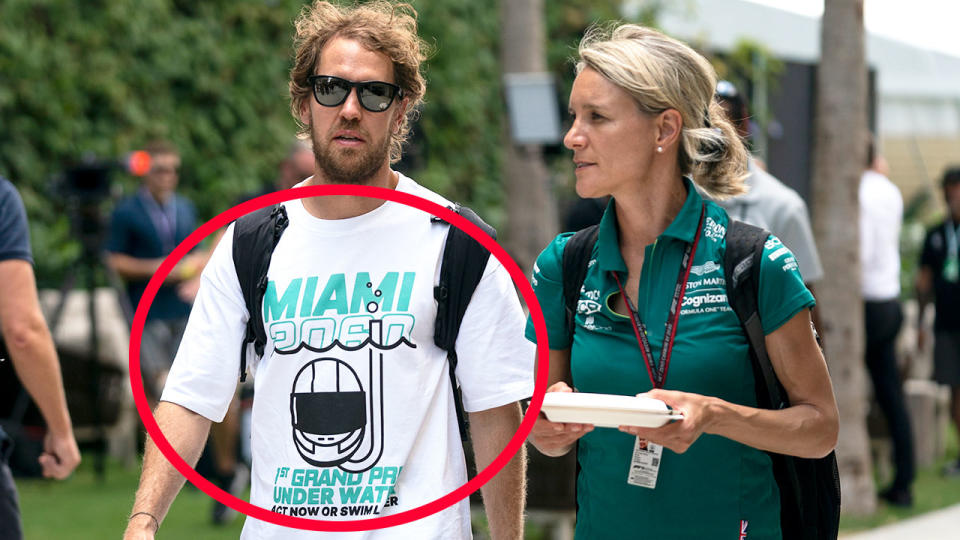 Pictured here, Sebastian Vettel wearing a t-shirt advocating climate action ahead of the Miami Grand Prix.