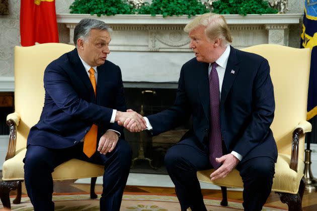 Trump shakes hands with Orbán in the Oval Office during a 2019 visit. (Photo: Evan Vucci/Associated Press)
