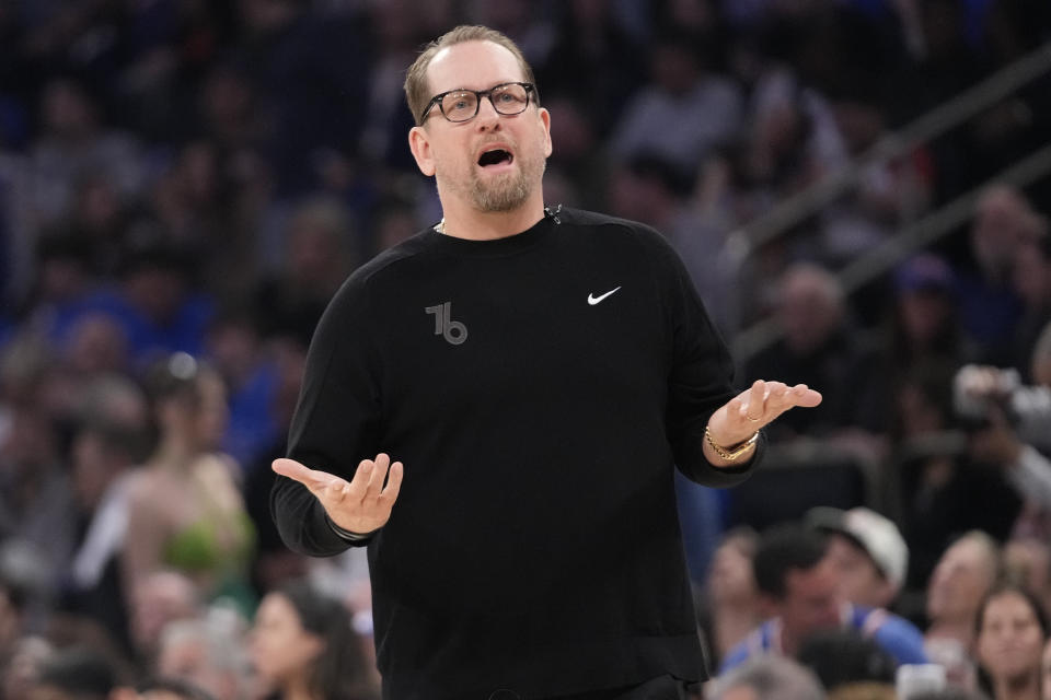 Philadelphia 76ers head coach Nick Nurse reacts during the first half in Game 1 of an NBA basketball first-round playoff series against the New York Knicks, Saturday, April 20, 2024, at Madison Square Garden in New York. (AP Photo/Mary Altaffer)