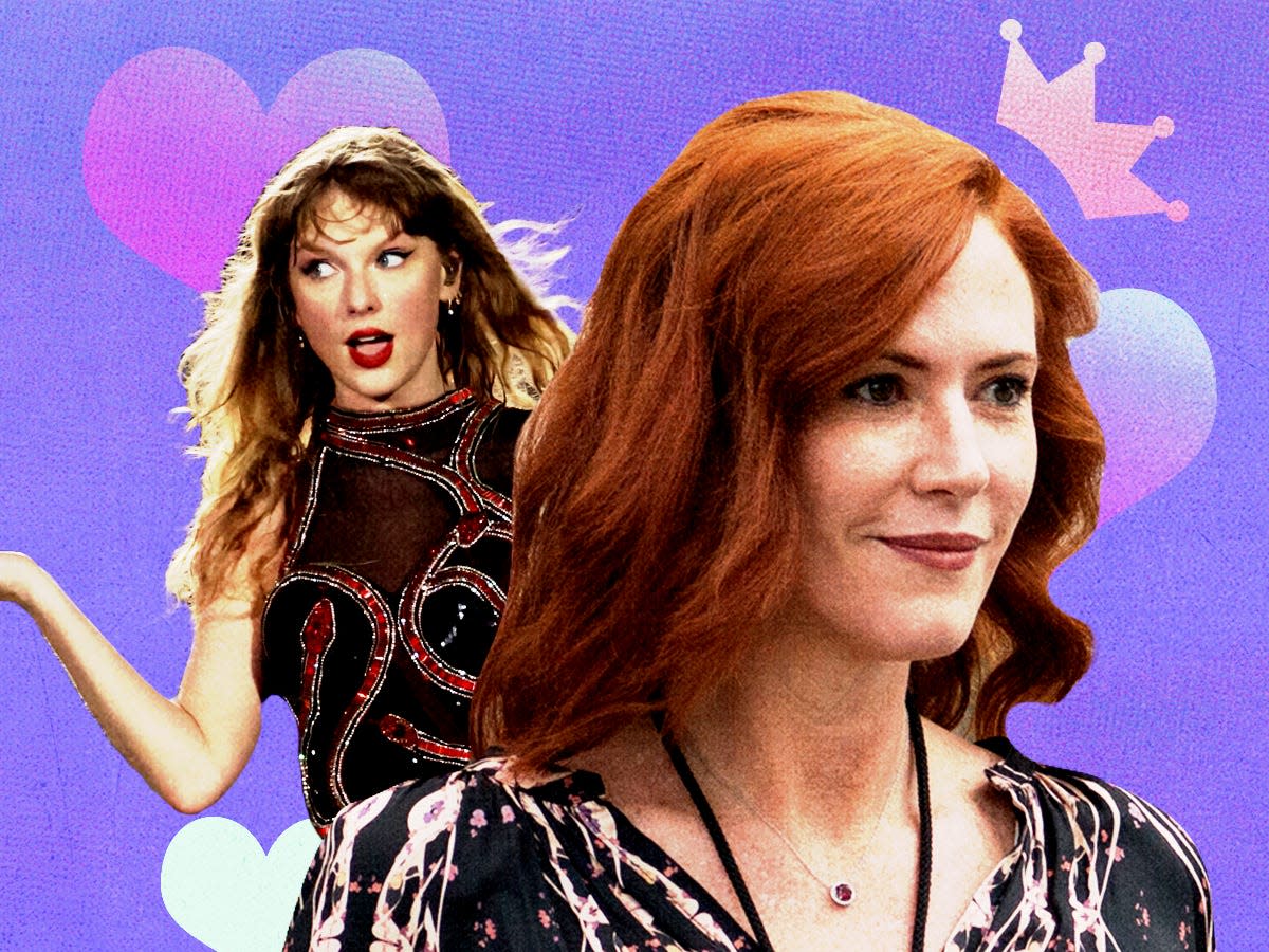 Taylor Swift in the background and Tree Paine in the foreground, with a purple background and graphics of hearts and crowns.