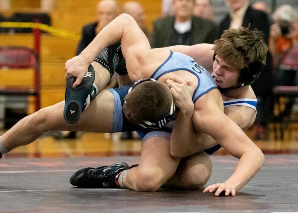 Quakertown sophomore Collin Gaj (back) takes a 45-0 record at 145 pounds to Hershey for the PIAA Championships.