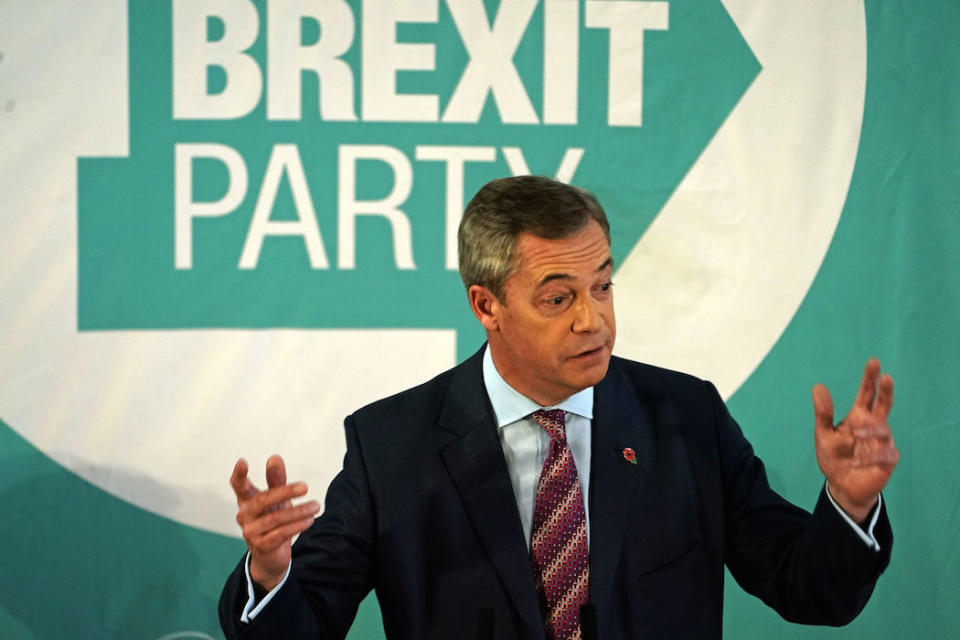 Brexit Party leader Nigel Farage speaking at the Best Western Grand Hotel in Hartlepool. PA Photo. Picture date: Monday November 11, 2019. See PA story POLITICS Election. Photo credit should read: Owen Humphreys/PA Wire