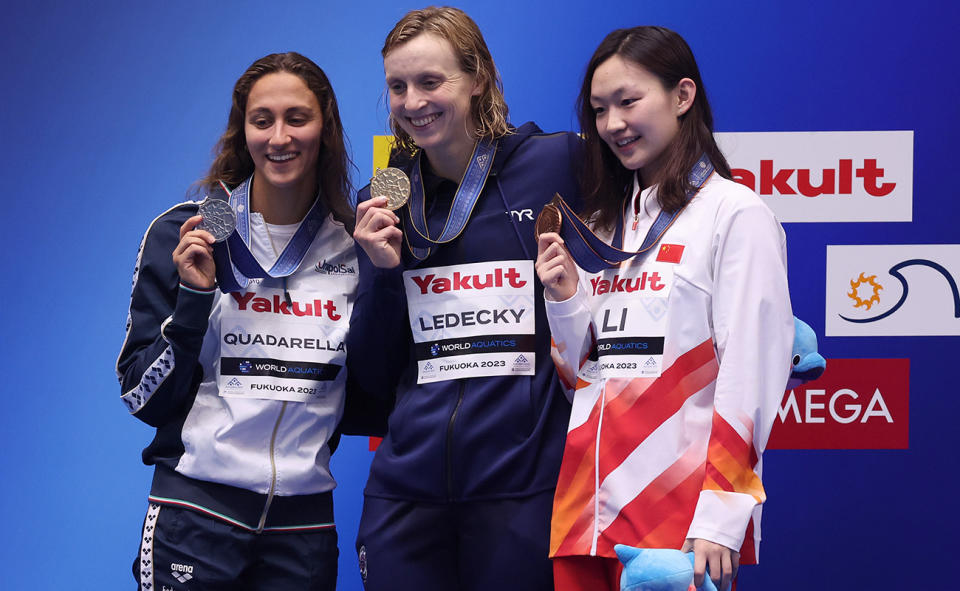 Simona Quadarella, Katie Ledecky and Bingjie Li at the swimming world championships.