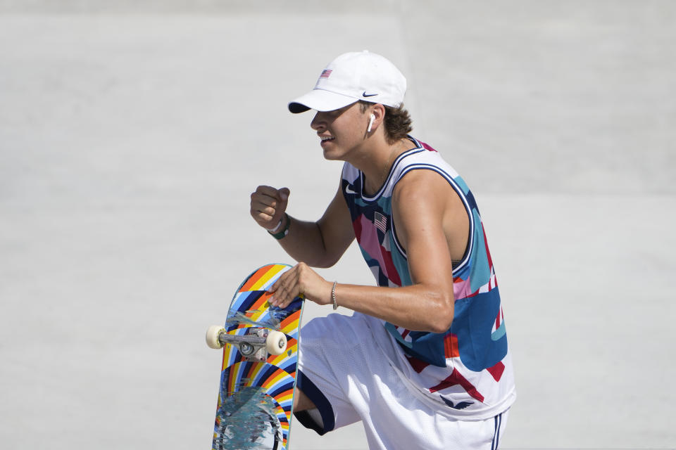 CORRECTS DATE TO SUNDAY - Jagger Eaton of the United States reacts after competing in the men's street skateboarding at the 2020 Summer Olympics, Sunday, July 25, 2021, in Tokyo, Japan. (AP Photo/Jae C. Hong)