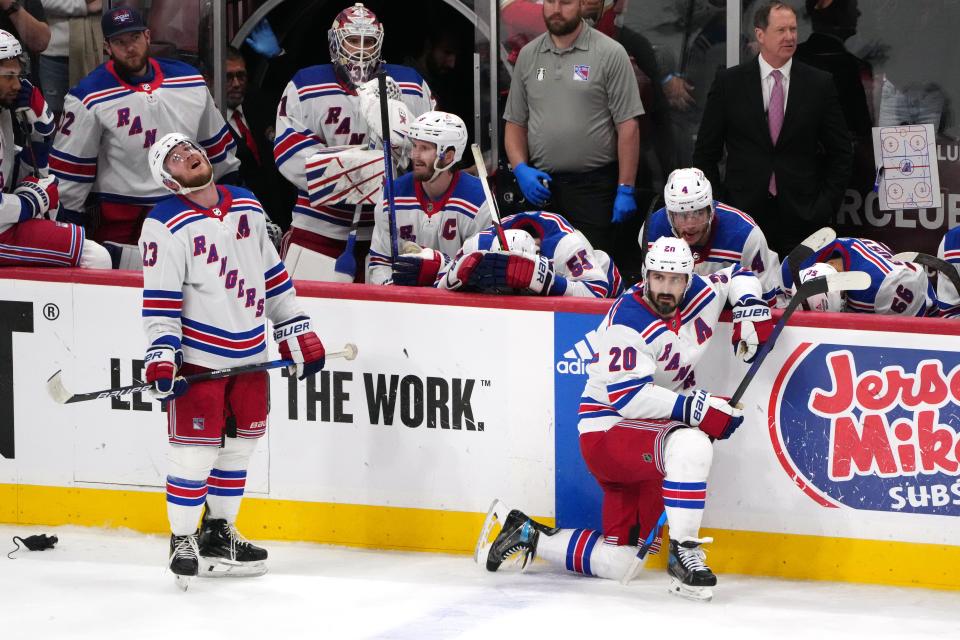 Jun 1, 2024; Sunrise, Florida, USA; New York Rangers look on following their loss against the Florida Panthers in a close-out game six of the Eastern Conference Final of the 2024 Stanley Cup Playoffs at Amerant Bank Arena. Mandatory Credit: Jim Rassol-USA TODAY Sports