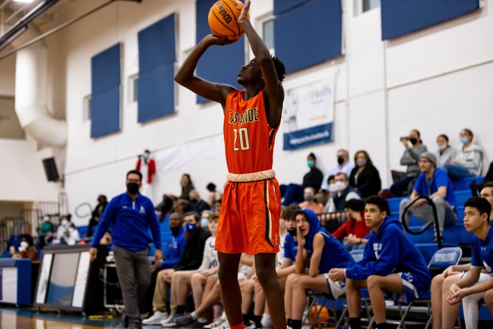 Eastside Rams forward Jemall Dix (20) shoots the ball during the first half against the host Saint Francis Catholic Wolves in Gainesville, Fla., on Thursday, January 20, 2022.