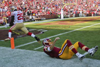 <p>San Francisco 49ers free safety Jimmie Ward (25) is knocked out of bound just shy of the goal line by Washington Redskins quarterback Kirk Cousins (8) after picking up a fumble by Washington Redskins tight end Vernon Davis (85) during the second half of an NFL football game in Landover, Md., Sunday, Oct. 15, 2017. (AP Photo/Pablo Martinez Monsivais) </p>
