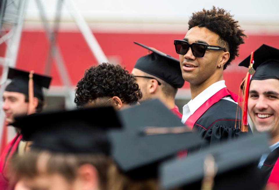 Indiana University basketball player Trayce Jackson-Davis at the 194th undergraduate commencement at Indiana University Bloomington on Saturday, May 6, 2023.