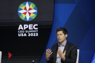 Open AI CEO Sam Altman participates in a discussion entitled 'Charting the Path Forward: The Future of Artificial Intelligence" during the Asia-Pacific Economic Cooperation (APEC) CEO Summit, Thursday, Nov. 16, 2023, in San Francisco. (AP Photo/Eric Risberg)