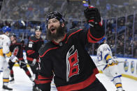 Carolina Hurricanes defenseman Brent Burns (8) celebrates after scoring against the Buffalo Sabres during the first period of an NHL hockey game in Buffalo, N.Y., Wednesday, Feb. 1, 2023. (AP Photo/Adrian Kraus)
