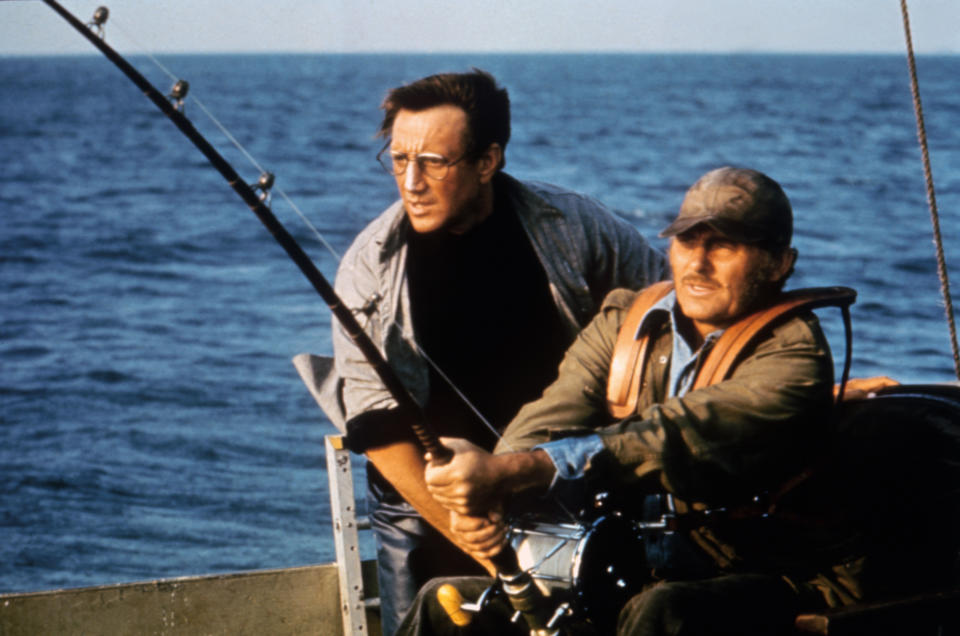 American actor Roy Scheider and British actor Robert Shaw on the set of Jaws, directed by Steven Spielberg. (Photo by Sunset Boulevard/Corbis via Getty Images)