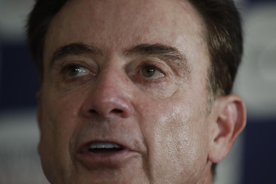 Rick Pitino the new coach of the Greek national basketball team answers to a question during a press conference in Athens, Monday, Nov. 11, 2019. The 67-year-old American has agreed to coach the Greek national basketball team and lead its effort to qualify for the 2020 Tokyo Olympics. (AP Photo/Thanassis Stavrakis)