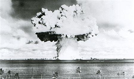 This U.S. Navy handout image shows Baker, the second of the two atomic bomb tests, in which a 63-kiloton warhead was exploded 90 feet under water as part of Operation Crossroads, conducted at Bikini Atoll in July 1946 to measure nuclear weapon effects on warships. REUTERS/U.S. Navy/Handout via Reuters