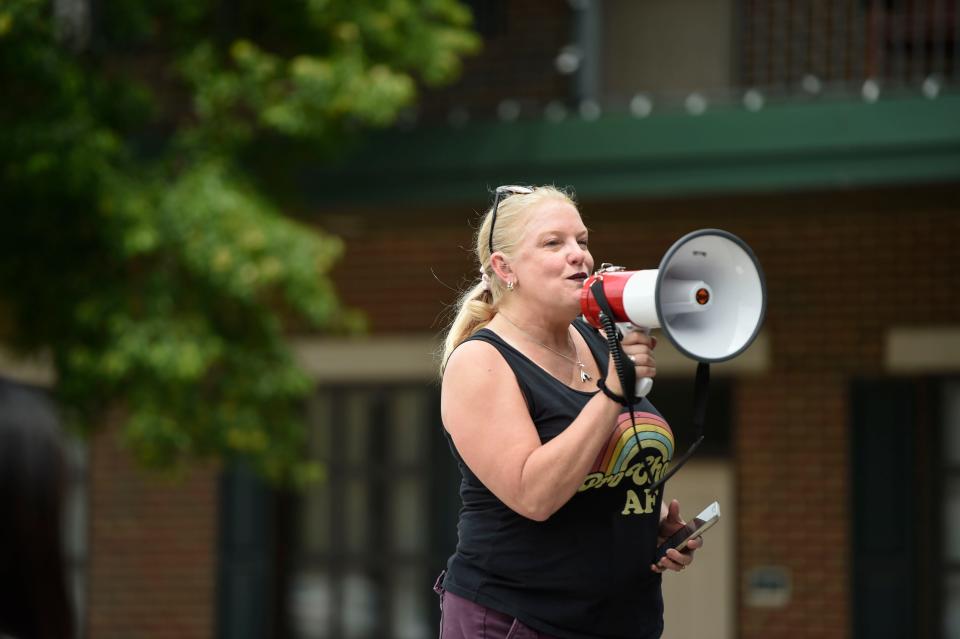 A speaker shares sexual education information during the Reproductive Rights Protesting, Augusta rally at the Augusta Common on Saturday, May 21, 2022.