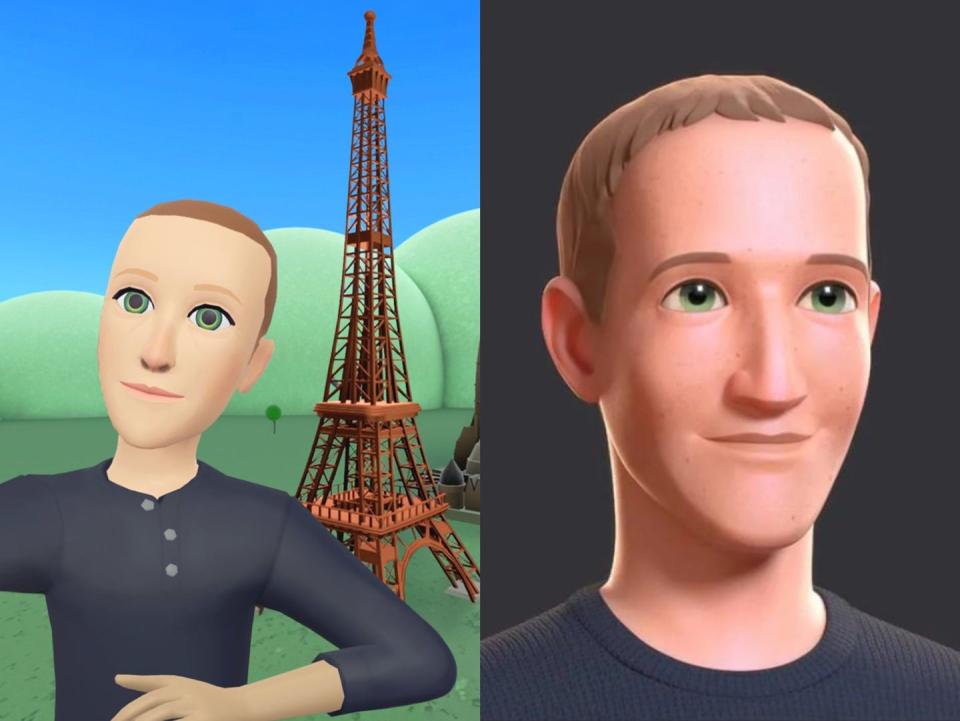 Left: A picture of Mark Zuckerberg avatar standing in front of the Eiffel Tower. Right: updated, higher res image of Mark Zuckerberg avatar