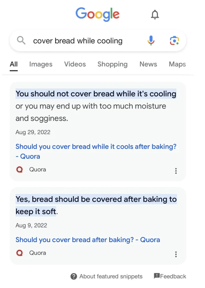 Screenshot of a Google search result page with queries about whether to cover bread while it's cooling after baking