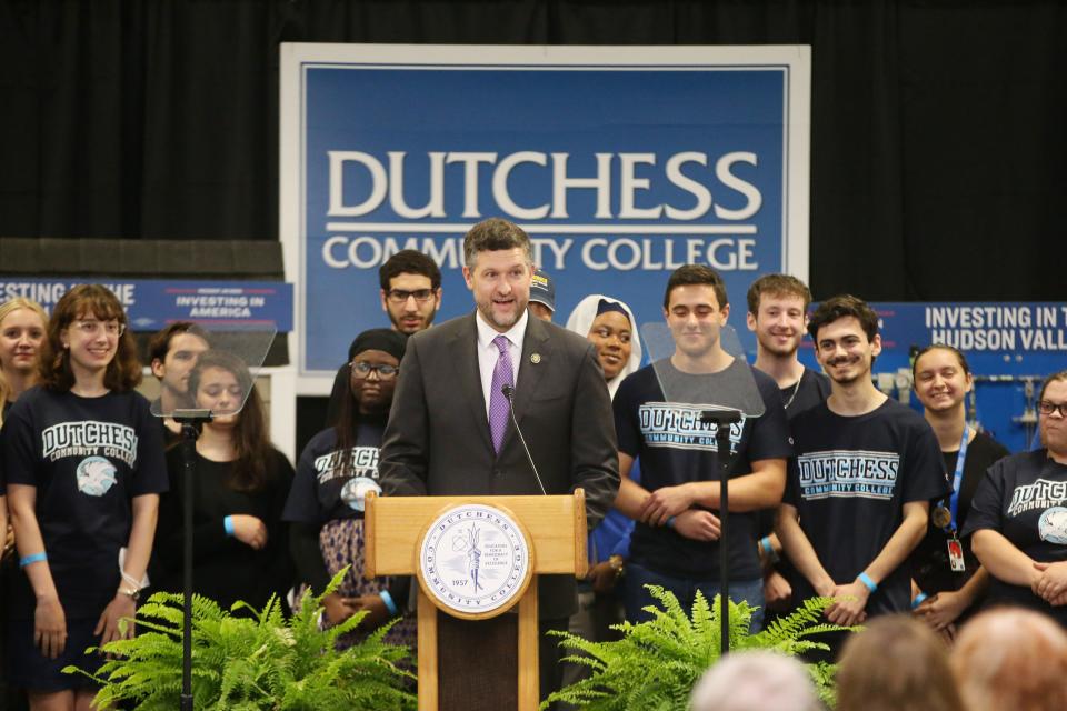 Congressman Pat Ryan speaks during First Lady Jill Biden's visit to the Dutchess Community College mechatronics lab at the Fishkill campus on October 6, 2023.