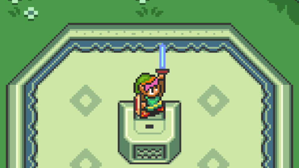 Link raising the Master Sword in The Legend of Zelda: A Link to the Past.