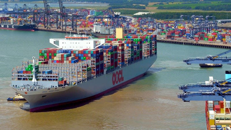 A photo of the OOCL Hong Kong container ship approaching port. 