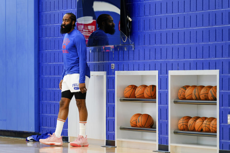 Philadelphia 76ers' James Harden pauses between drills during practice at the NBA basketball team's facility, in Camden, N.J., Tuesday, March 1, 2022. (AP Photo/Matt Rourke)