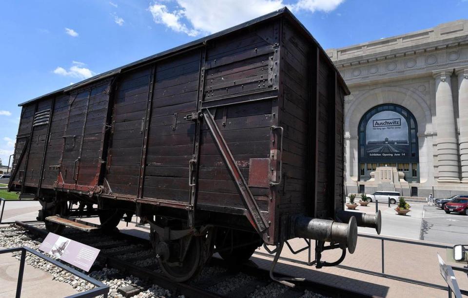 An authentic German-made railway freight car stands in front of Kansas City’s Union Station. Before World War II, it was used to transport food, goods and livestock. During the war, cars like this carried Jews and others to ghettos and Nazi concentration camps across Europe, including Auschwitz.