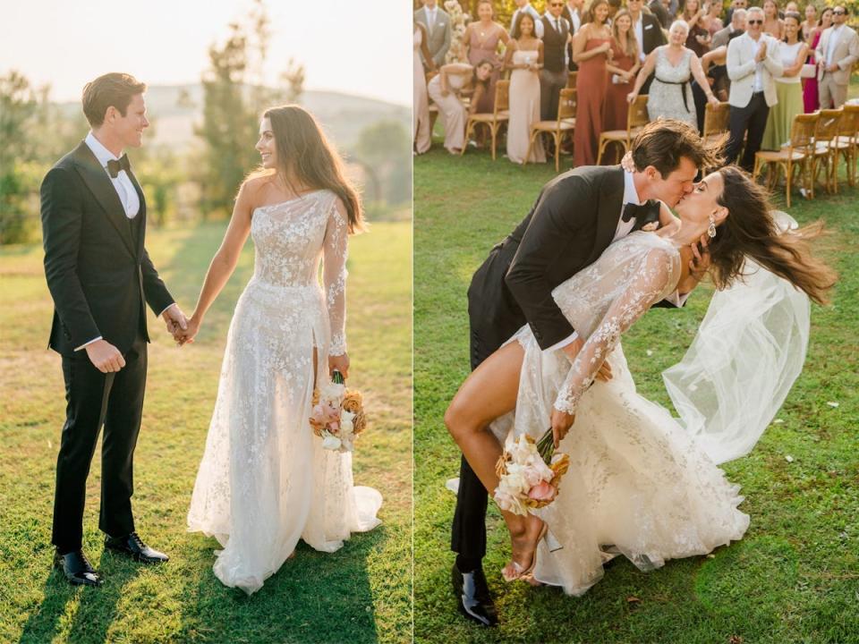 A side-by-side of a bride and groom on their wedding day.