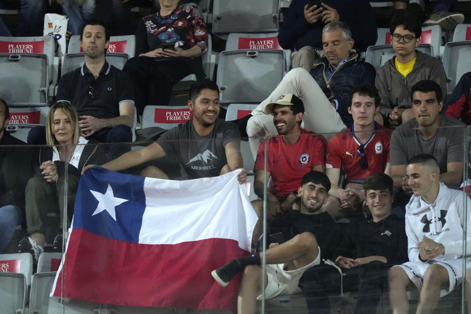 Supporters of Nicolas Jarry of Chile cheer during his semifinal match against Tommy Paul of the United States at the Italian Open tennis tournament, in Rome, Friday, May 17, 2024. (AP Photo/Andrew Medichini)