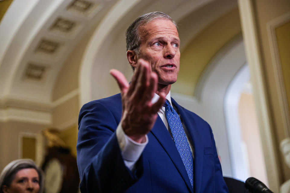 Sen. John Thune, a Republican from South Dakota, speaks during a news conference on Tuesday, Feb. 6, 2024.  / Credit: Valerie Plesch/Bloomberg via Getty Images