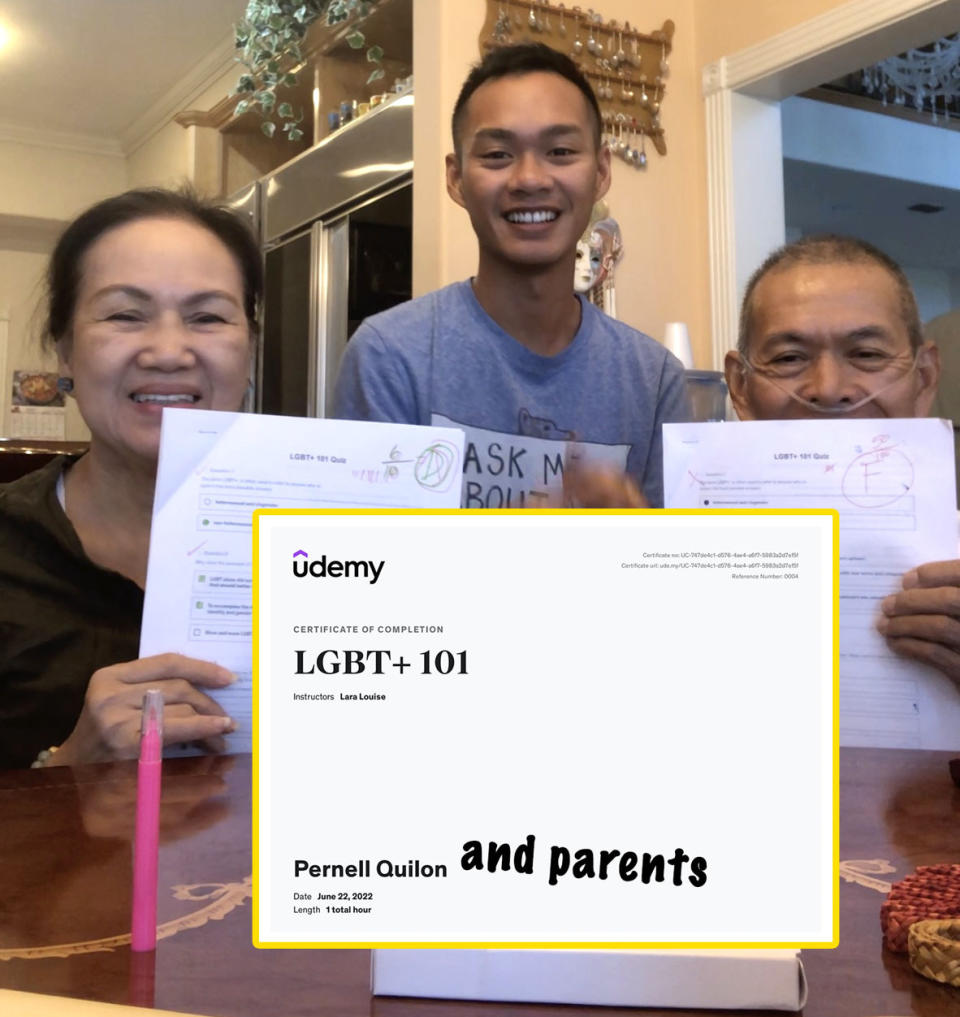 author with his parents holding their pre and post quizzes, with the udemy certificate of course completion