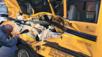 <p>A damaged school bus is seen at the scene of a pickup truck attack in Manhattan, New York, Oct. 31, 2017 in this picture obtained from social media. (Photo: Sebastian Sobczak/Reuters) </p>