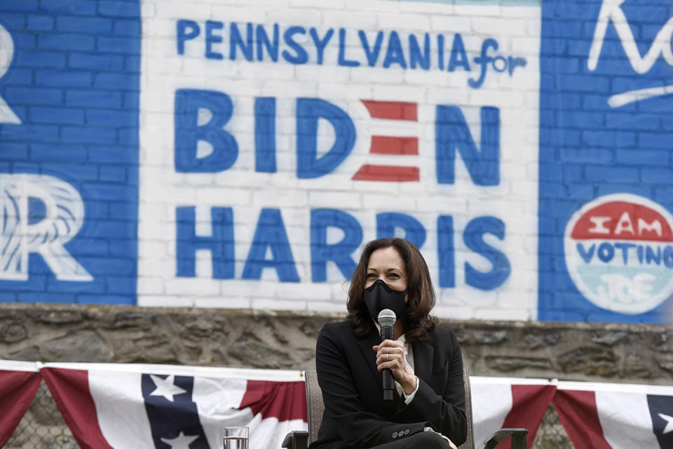 Democratic vice presidential candidate Sen. Kamala Harris speaks during a campaign stop, Thursday, Sept. 17, 2020, in Philadelphia.