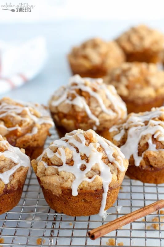 <p><strong>Pumpkin Muffins</strong><br> Get the recipe <a href="https://celebratingsweets.com/pumpkin-crumb-muffins-with-cinnamon-icing/" rel="nofollow noopener" target="_blank" data-ylk="slk:here;elm:context_link;itc:0;sec:content-canvas" class="link rapid-noclick-resp"><em><strong>here</strong></em></a></p>