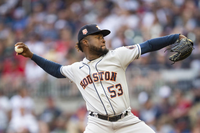 Houston, USA. 27th Oct, 2021. Members of the Houston Astros infield wait  for a pitching change in the 7th inning of game two against the Atlanta  Braves in the MLB World Series