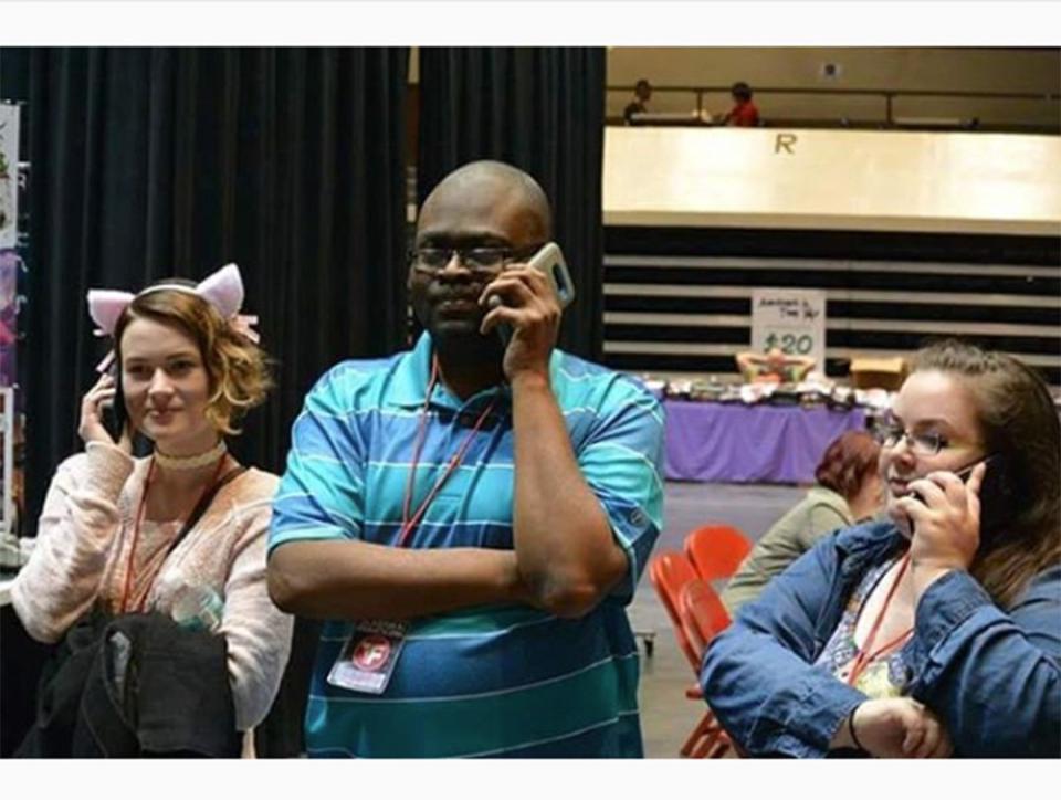 You too can be <em>the</em> concerned guy on the phone, as long as you have a striped blue shirt and rectangular glasses to go with your worrisome facial expression.