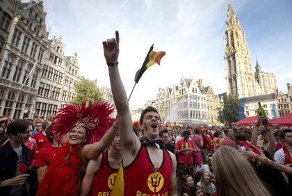 Belgian fans cheer after Belgium scored a goal during the 1-0 victory over Russia. (AP)