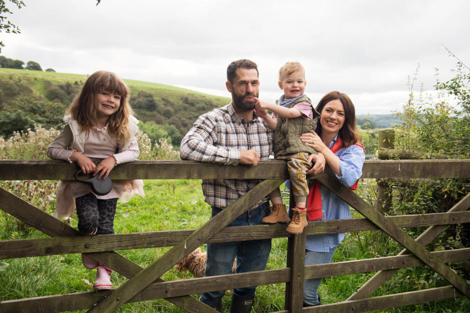 Kelvin Fletcher and Liz Marsland with their two children in the show Kelvin's Big Farming Adventure about their move to start a farm in the Peak District