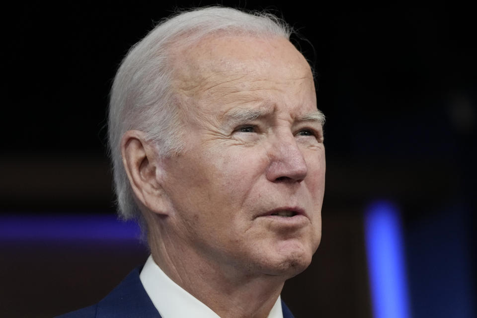 President Joe Biden speaks during an event on the economy, from the South Court Auditorium of the Eisenhower Executive Office Building on the White House complex, Monday, Oct. 23, 2023. (AP Photo/Jacquelyn Martin)