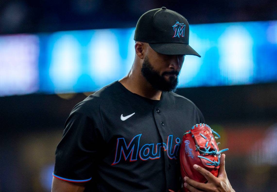 Miami Marlins pitcher Sandy Alcantara (22) reacts as he comes off the field during the second inning of an MLB game against the New York Mets at loanDepot park in the Little Havana neighborhood of Miami, Florida, on Friday, July 29, 2022.
