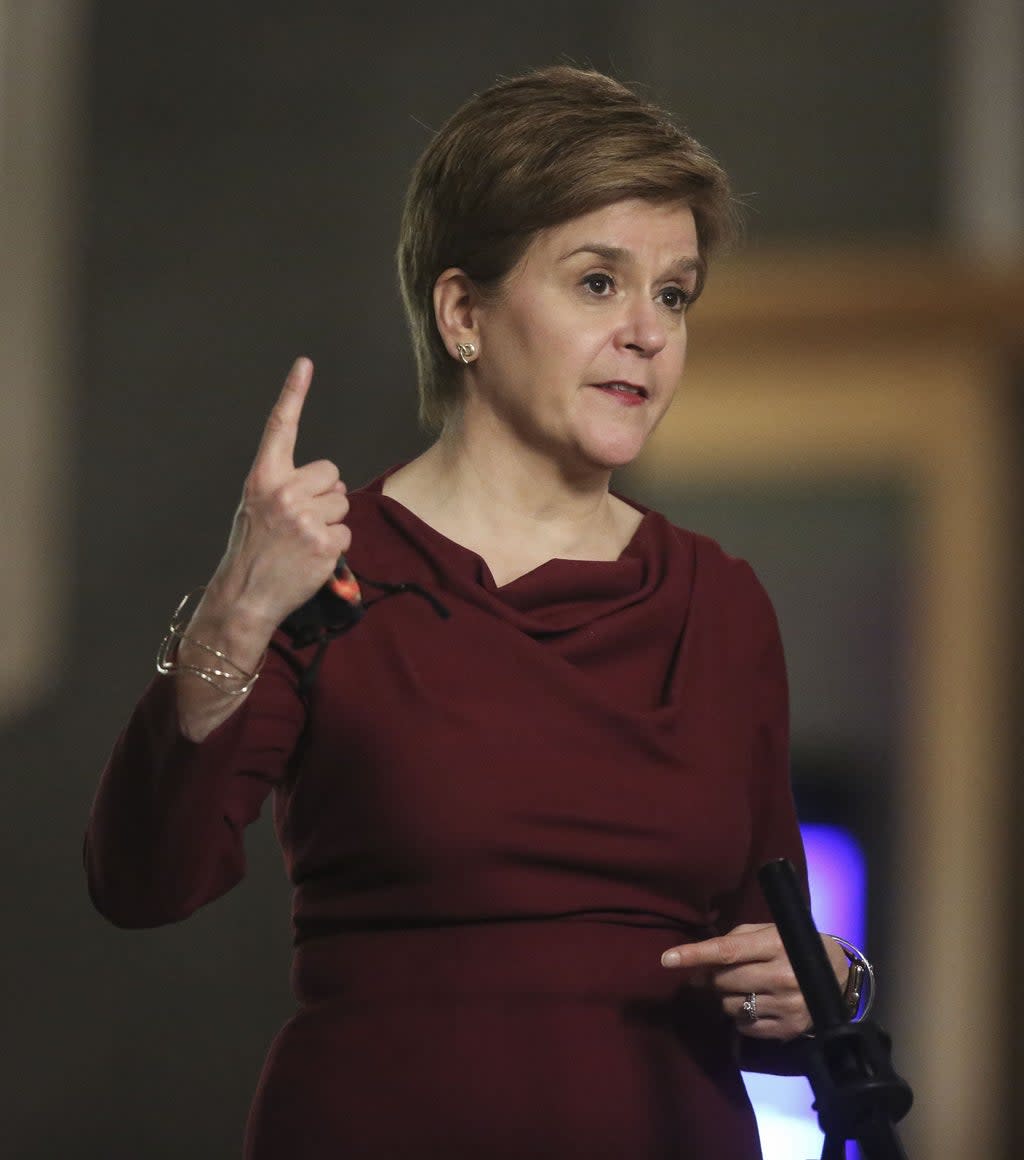 First Minister Nicola Sturgeon speaks to the media after delivering a Covid-19 update statement (Fraser Bremner/Daily Mail/PA) (PA Wire)