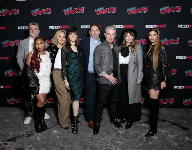 NEW YORK, NEW YORK – OCTOBER 13: (L-R) Christopher Golden, Laya DeLeon Hayes, Emma Caulfield Ford, Juliet Landau, James Charles Leary, James Marsters and Charisma Carpenter attend as “Slayers: A Buffyverse Story” Stars And Creators Celebrate New Audible Original Series At NYCC With Panel And Visit To “The Slayers Society” Activation at Javits Center on October 13, 2023 in New York City. (Photo by Ilya S. Savenok/Getty Images for Audible)